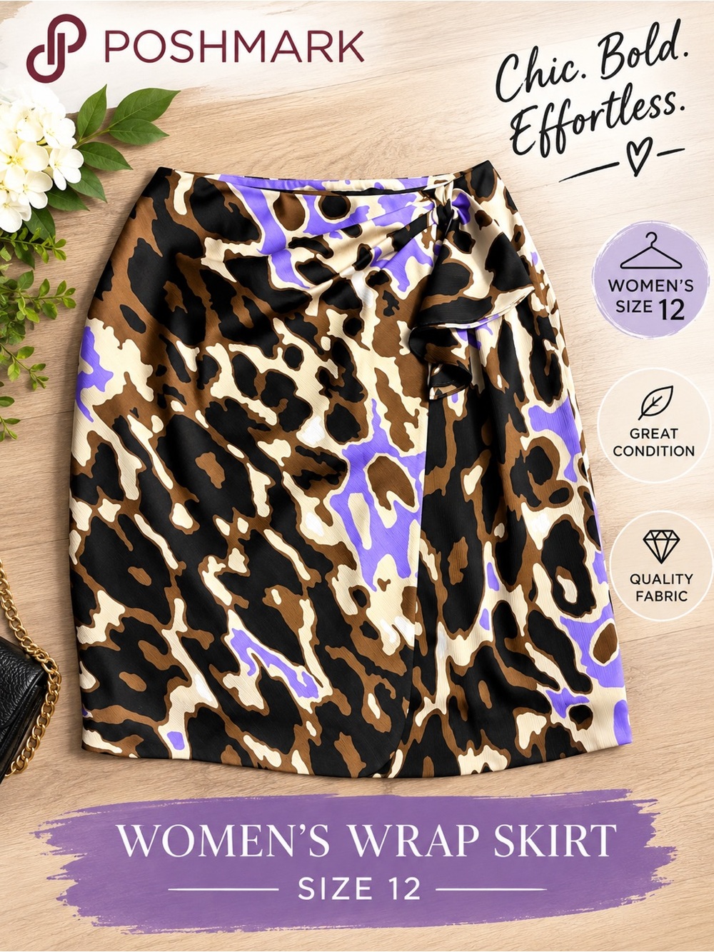 Women's Purple & Brown Animal Print Wrap Skirt - Size 12